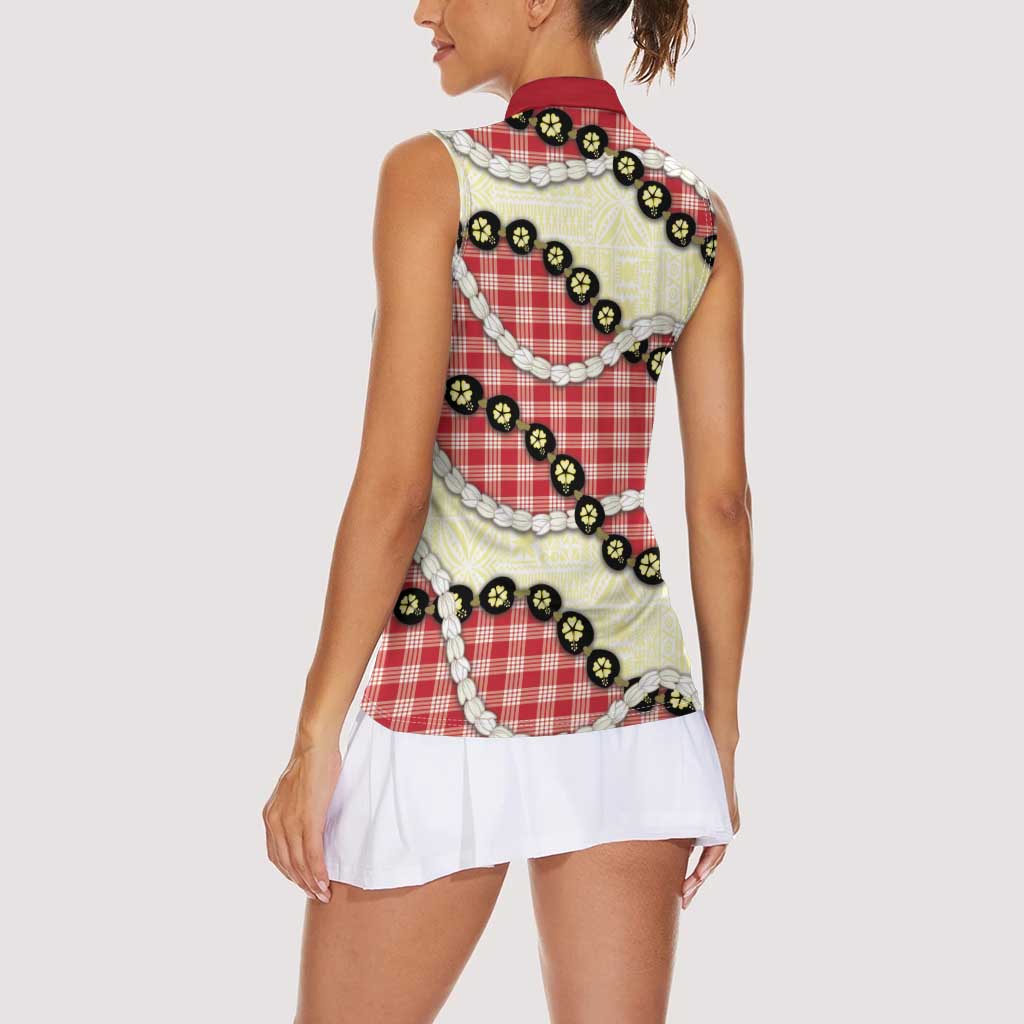 Red Palaka Hawaii Women Sleeveless Polo Shirt Kukui Nut Pikake Lei Hawaiian Tapa Pattern - Polynesian Pride