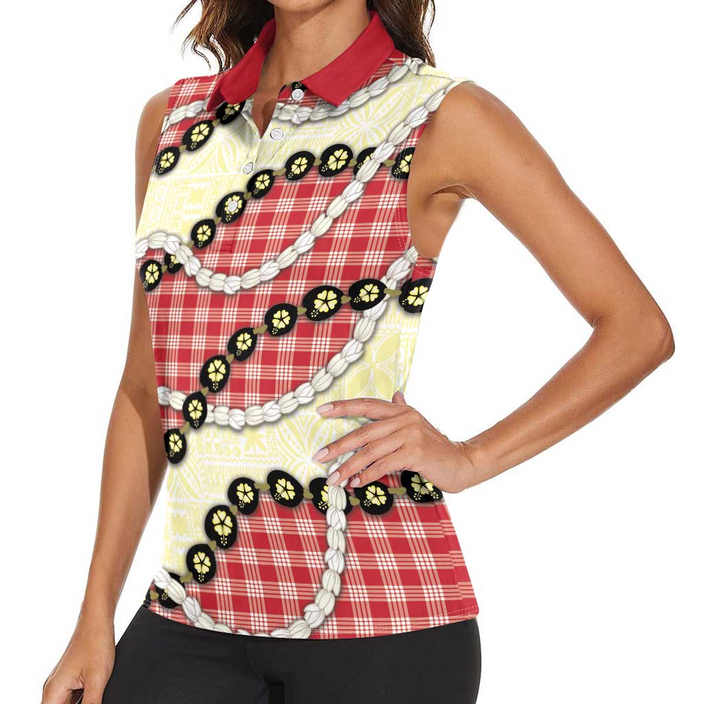 Red Palaka Hawaii Women Sleeveless Polo Shirt Kukui Nut Pikake Lei Hawaiian Tapa Pattern - Polynesian Pride