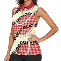 Red Palaka Hawaii Women Sleeveless Polo Shirt Kukui Nut Pikake Lei Hawaiian Tapa Pattern - Polynesian Pride