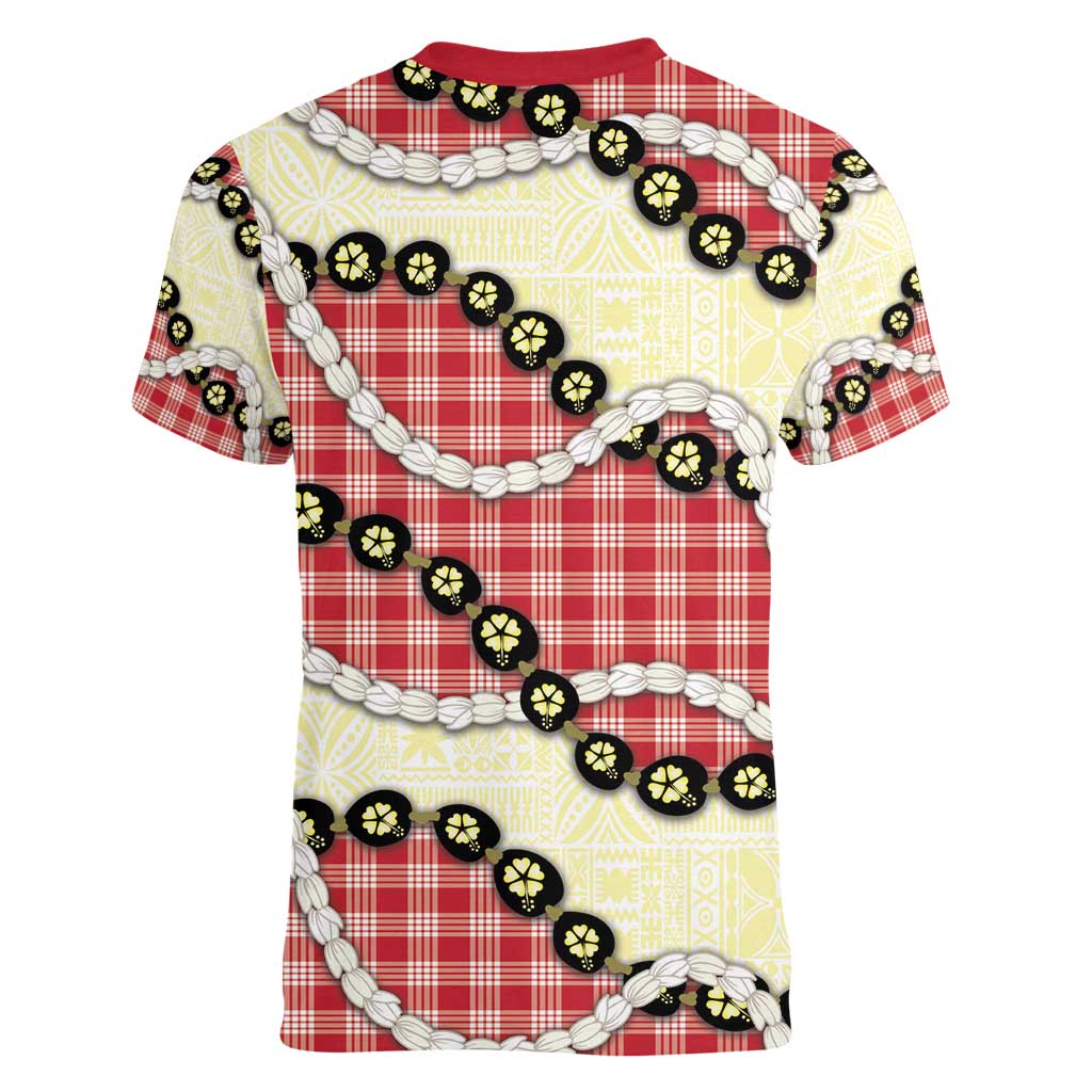 Red Palaka Hawaii Women V-Neck T-Shirt Kukui Nut Pikake Lei Hawaiian Tapa Pattern - Polynesian Pride