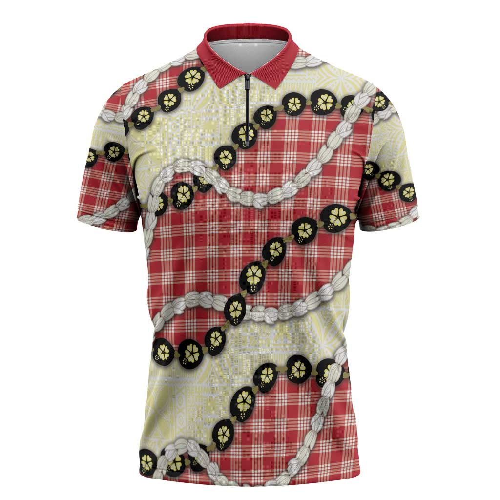 Red Palaka Hawaii Zipper Polo Shirt Kukui Nut Pikake Lei Hawaiian Tapa Pattern - Polynesian Pride