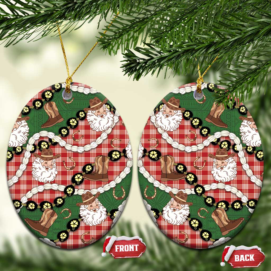 Cowboy Hawaii Mele Kalikimaka Ceramic Ornament Paniolo Kukui Nut Pikake Lei Red Version - Polynesian Pride