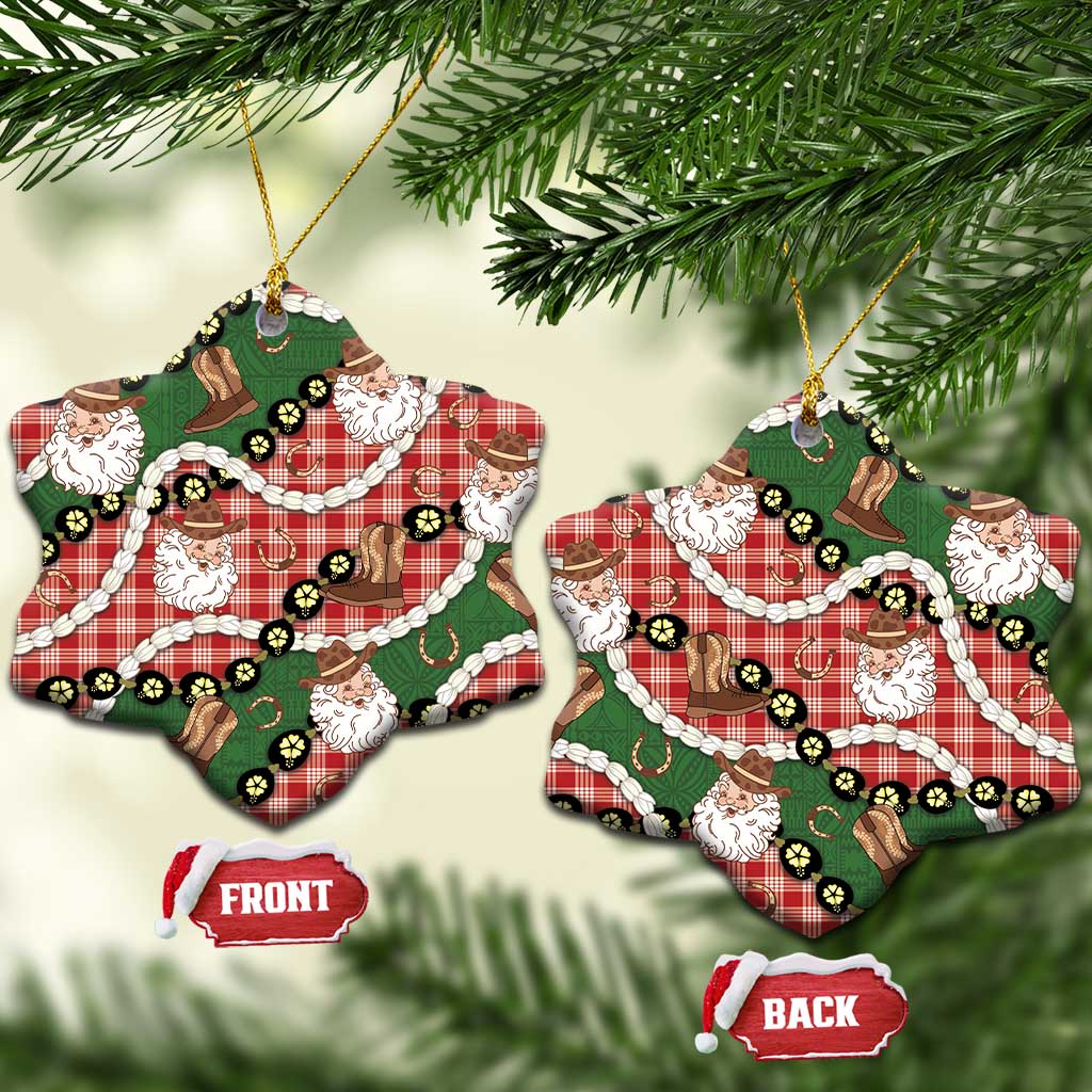 Cowboy Hawaii Mele Kalikimaka Ceramic Ornament Paniolo Kukui Nut Pikake Lei Red Version - Polynesian Pride