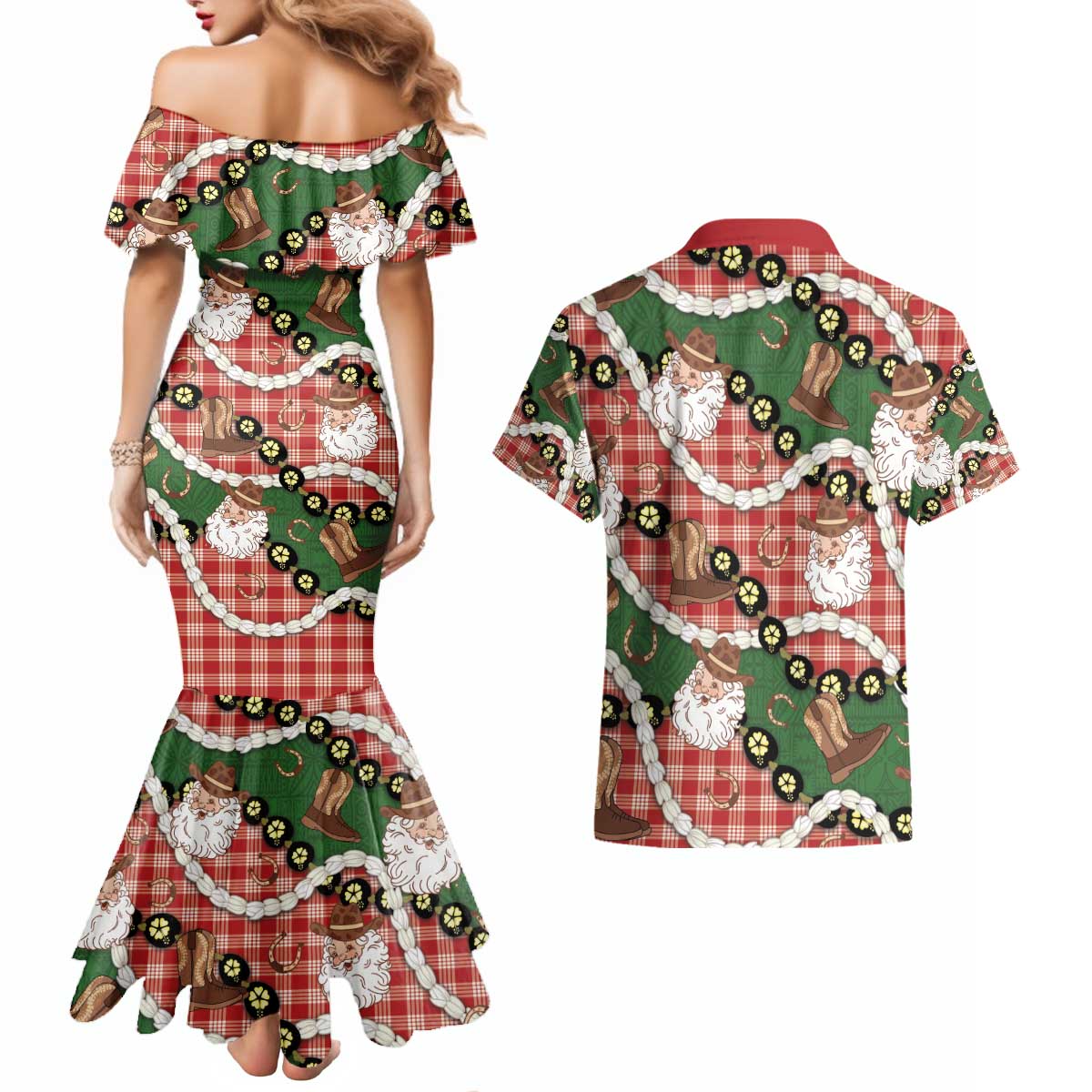 Cowboy Hawaii Mele Kalikimaka Couples Matching Mermaid Dress and Hawaiian Shirt Paniolo Kukui Nut Pikake Lei Red Version - Polynesian Pride