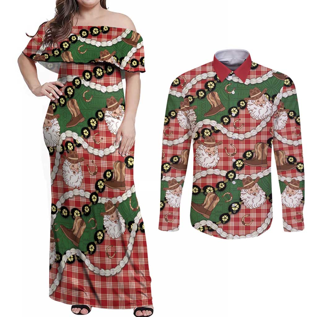 Cowboy Hawaii Mele Kalikimaka Couples Matching Off Shoulder Maxi Dress and Long Sleeve Button Shirt Paniolo Kukui Nut Pikake Lei Red Version - Polynesian Pride