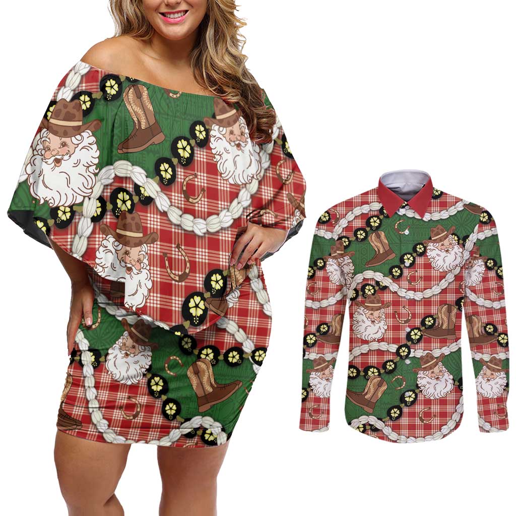 Cowboy Hawaii Mele Kalikimaka Couples Matching Off Shoulder Short Dress and Long Sleeve Button Shirt Paniolo Kukui Nut Pikake Lei Red Version - Polynesian Pride