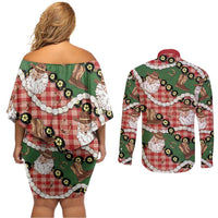 Cowboy Hawaii Mele Kalikimaka Couples Matching Off Shoulder Short Dress and Long Sleeve Button Shirt Paniolo Kukui Nut Pikake Lei Red Version - Polynesian Pride