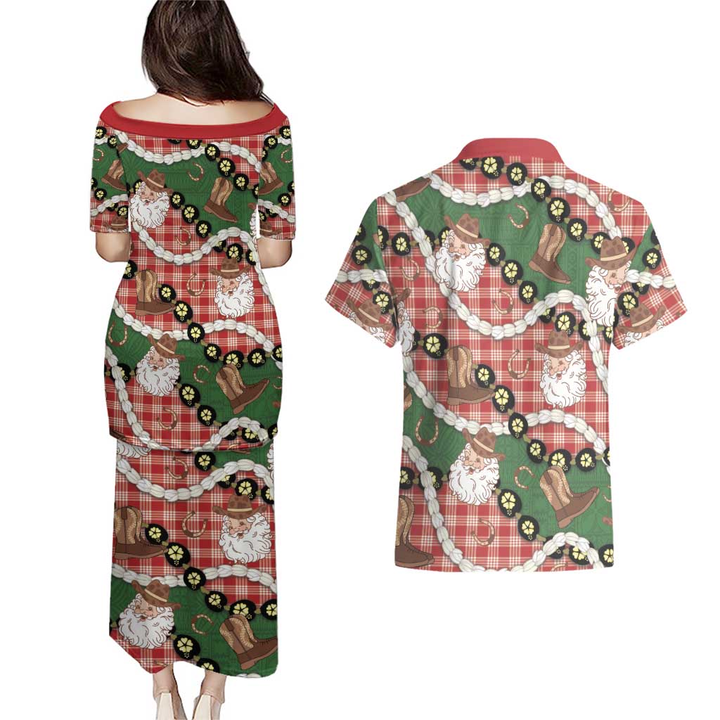 Cowboy Hawaii Mele Kalikimaka Couples Matching Puletasi and Hawaiian Shirt Paniolo Kukui Nut Pikake Lei Red Version LT14 - Polynesian Pride