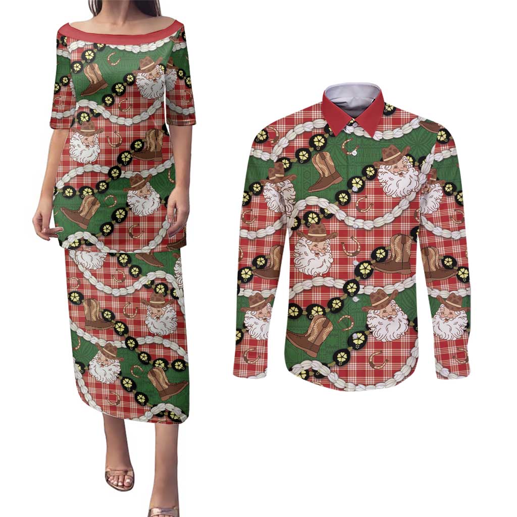 Cowboy Hawaii Mele Kalikimaka Couples Matching Puletasi and Long Sleeve Button Shirt Paniolo Kukui Nut Pikake Lei Red Version - Polynesian Pride