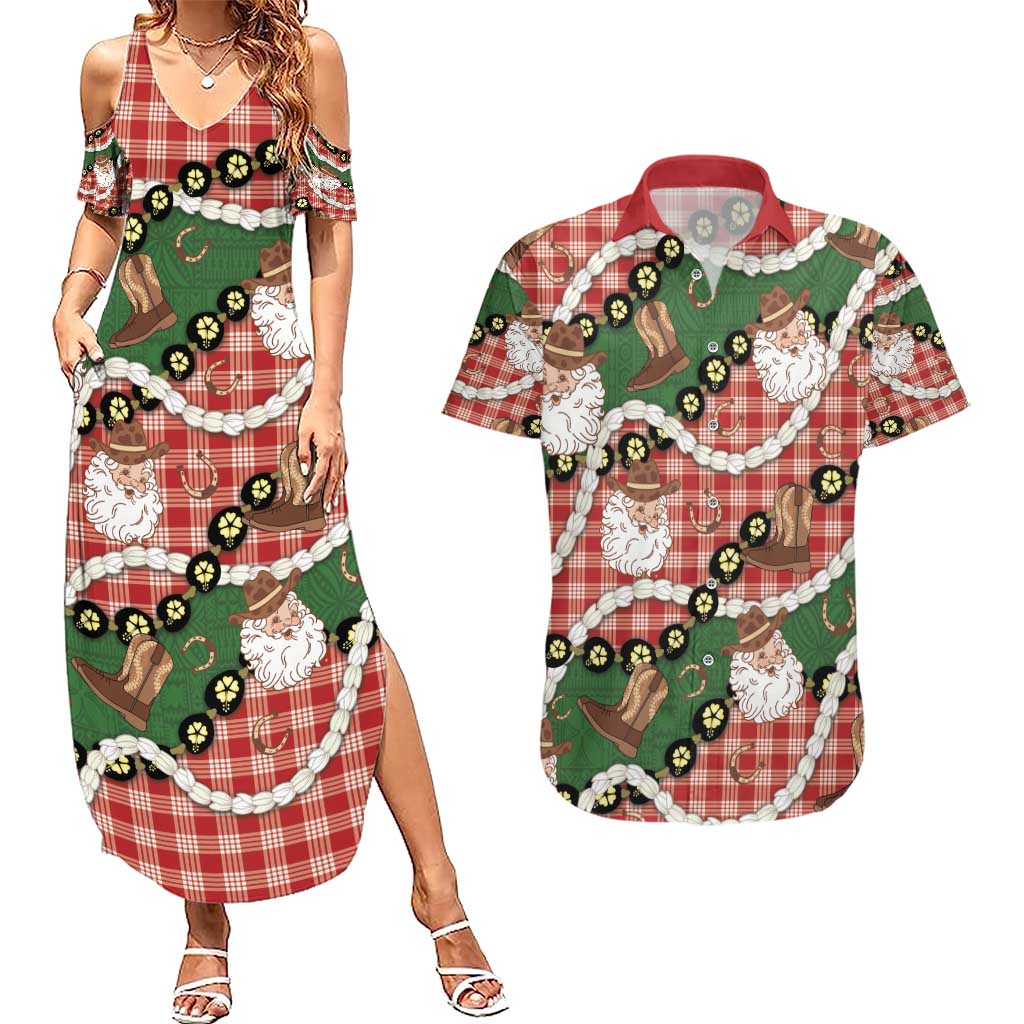 Cowboy Hawaii Mele Kalikimaka Couples Matching Summer Maxi Dress and Hawaiian Shirt Paniolo Kukui Nut Pikake Lei Red Version - Polynesian Pride