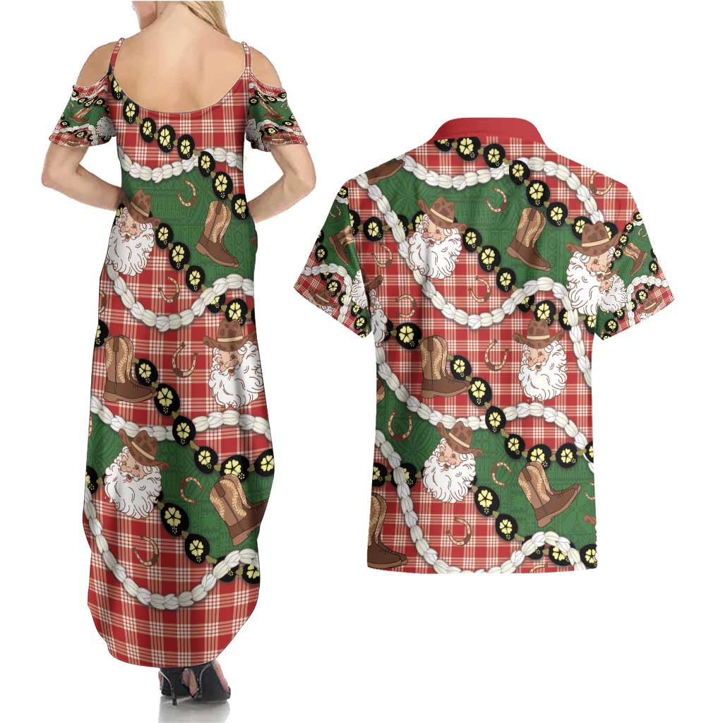 Cowboy Hawaii Mele Kalikimaka Couples Matching Summer Maxi Dress and Hawaiian Shirt Paniolo Kukui Nut Pikake Lei Red Version - Polynesian Pride