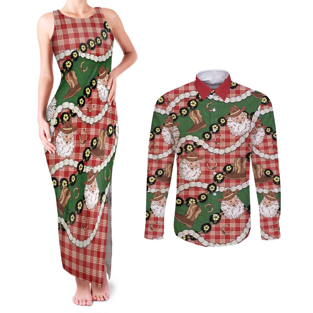 Cowboy Hawaii Mele Kalikimaka Couples Matching Tank Maxi Dress and Long Sleeve Button Shirt Paniolo Kukui Nut Pikake Lei Red Version - Polynesian Pride