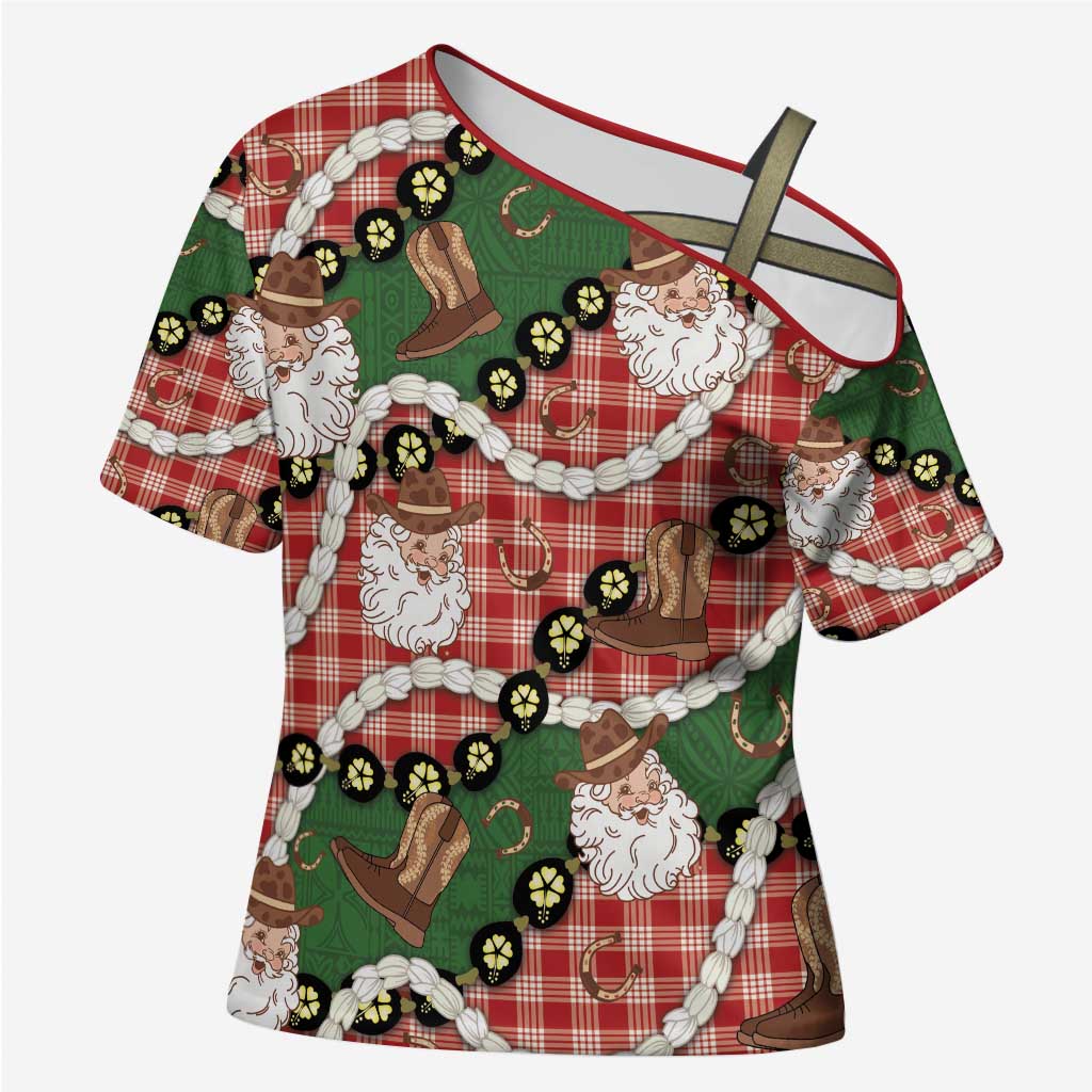 Cowboy Hawaii Mele Kalikimaka Cross Shoulder Shirt Paniolo Kukui Nut Pikake Lei Red Version - Polynesian Pride