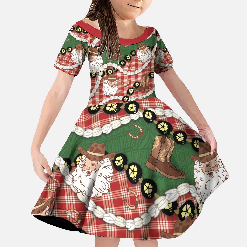 Cowboy Hawaii Mele Kalikimaka Family Matching Long Sleeve Bodycon Dress and Hawaiian Shirt Paniolo Kukui Nut Pikake Lei Red Version - Polynesian Pride