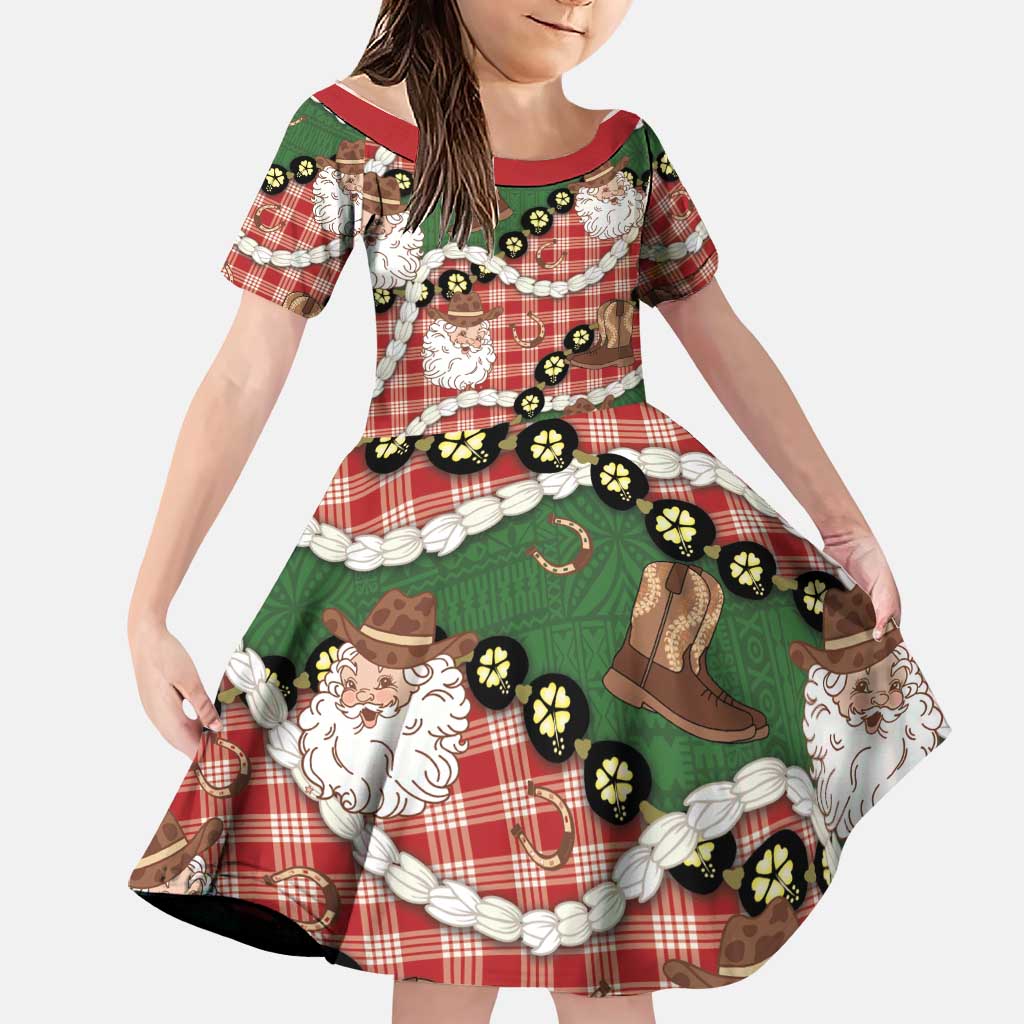 Cowboy Hawaii Mele Kalikimaka Family Matching Off Shoulder Maxi Dress and Hawaiian Shirt Paniolo Kukui Nut Pikake Lei Red Version LT14 Daughter's Dress Red - Polynesian Pride