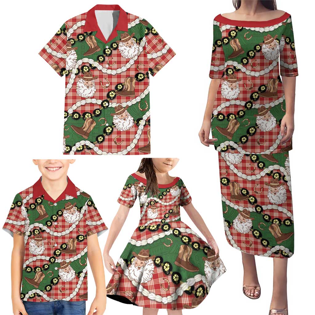 Cowboy Hawaii Mele Kalikimaka Family Matching Puletasi and Hawaiian Shirt Paniolo Kukui Nut Pikake Lei Red Version LT14 - Polynesian Pride