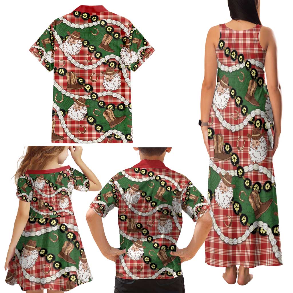 Cowboy Hawaii Mele Kalikimaka Family Matching Tank Maxi Dress and Hawaiian Shirt Paniolo Kukui Nut Pikake Lei Red Version - Polynesian Pride