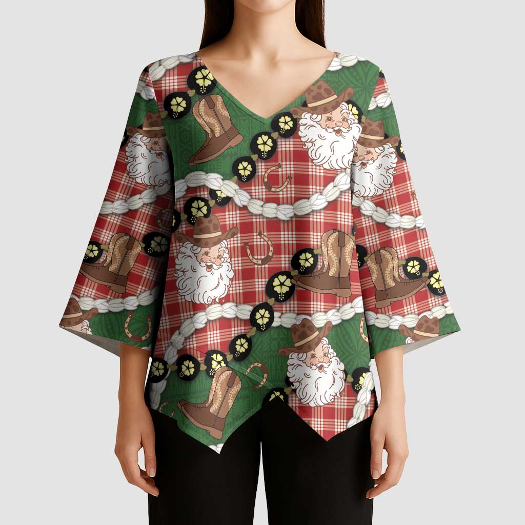 Cowboy Hawaii Mele Kalikimaka Kimono Sleeve Blouse Paniolo Kukui Nut Pikake Lei Red Version - Polynesian Pride