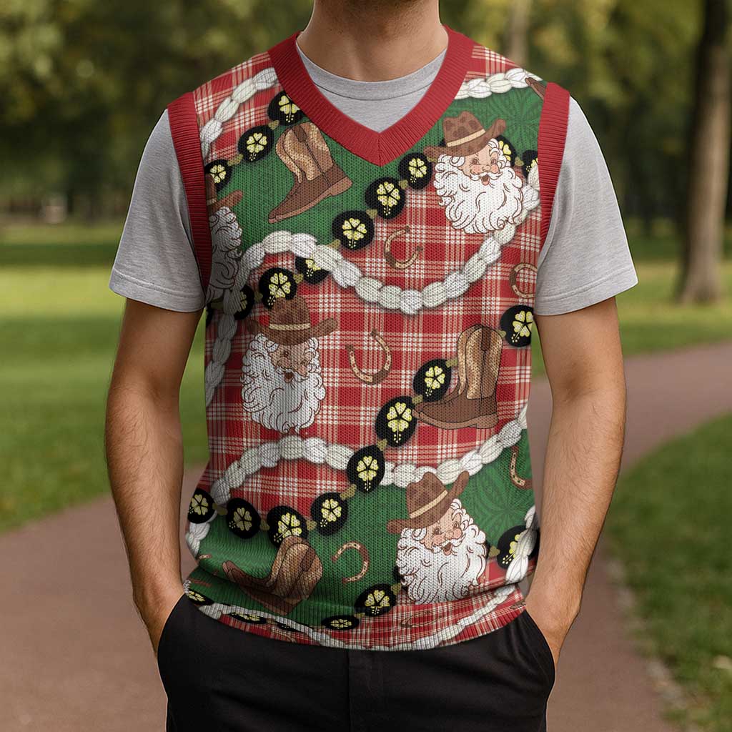 Cowboy Hawaii Mele Kalikimaka Christmas Knitted V-Neck Vest Paniolo Kukui Nut Pikake Lei Red Version - Polynesian Pride