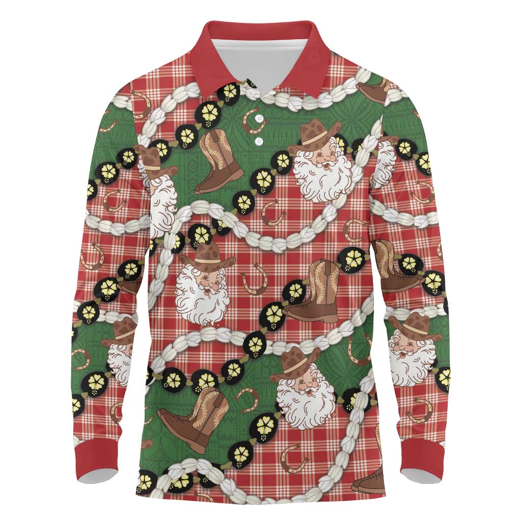 Cowboy Hawaii Mele Kalikimaka Long Sleeve Polo Shirt Paniolo Kukui Nut Pikake Lei Red Version - Polynesian Pride