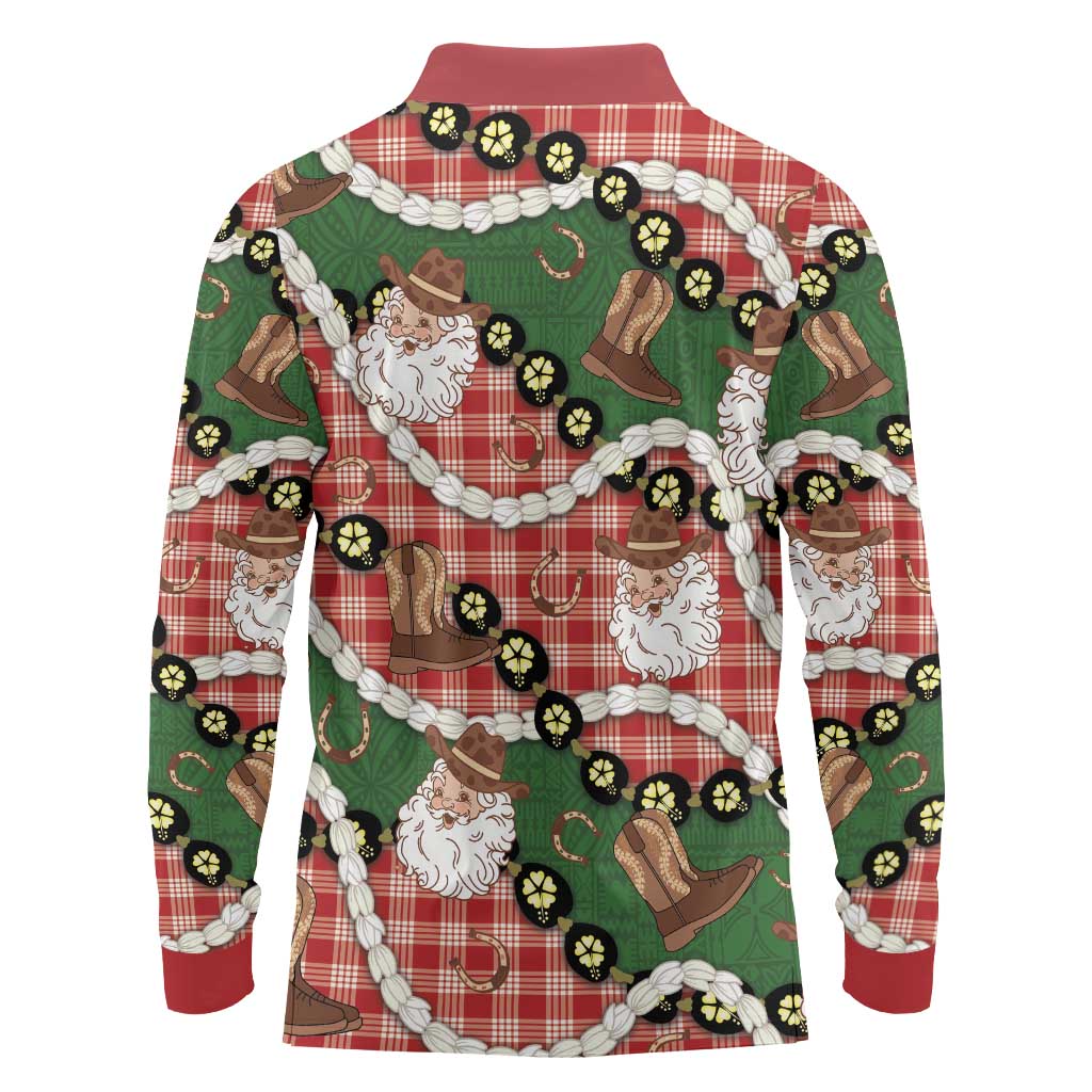 Cowboy Hawaii Mele Kalikimaka Long Sleeve Polo Shirt Paniolo Kukui Nut Pikake Lei Red Version - Polynesian Pride