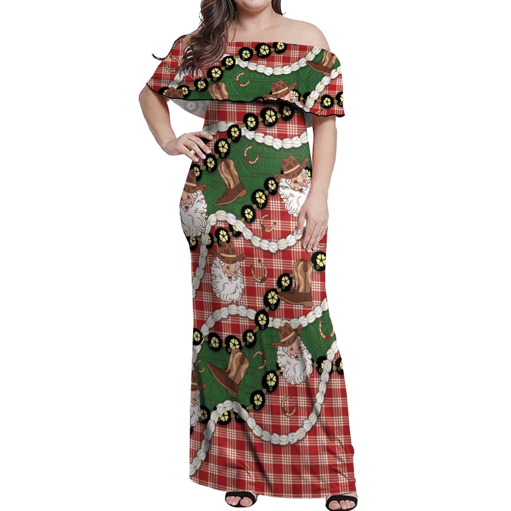 Cowboy Hawaii Mele Kalikimaka Off Shoulder Maxi Dress Paniolo Kukui Nut Pikake Lei Red Version - Polynesian Pride