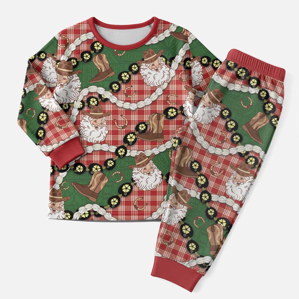 Cowboy Hawaii Mele Kalikimaka Christmas Pajama Set Paniolo Kukui Nut Pikake Lei Red Version - Polynesian Pride