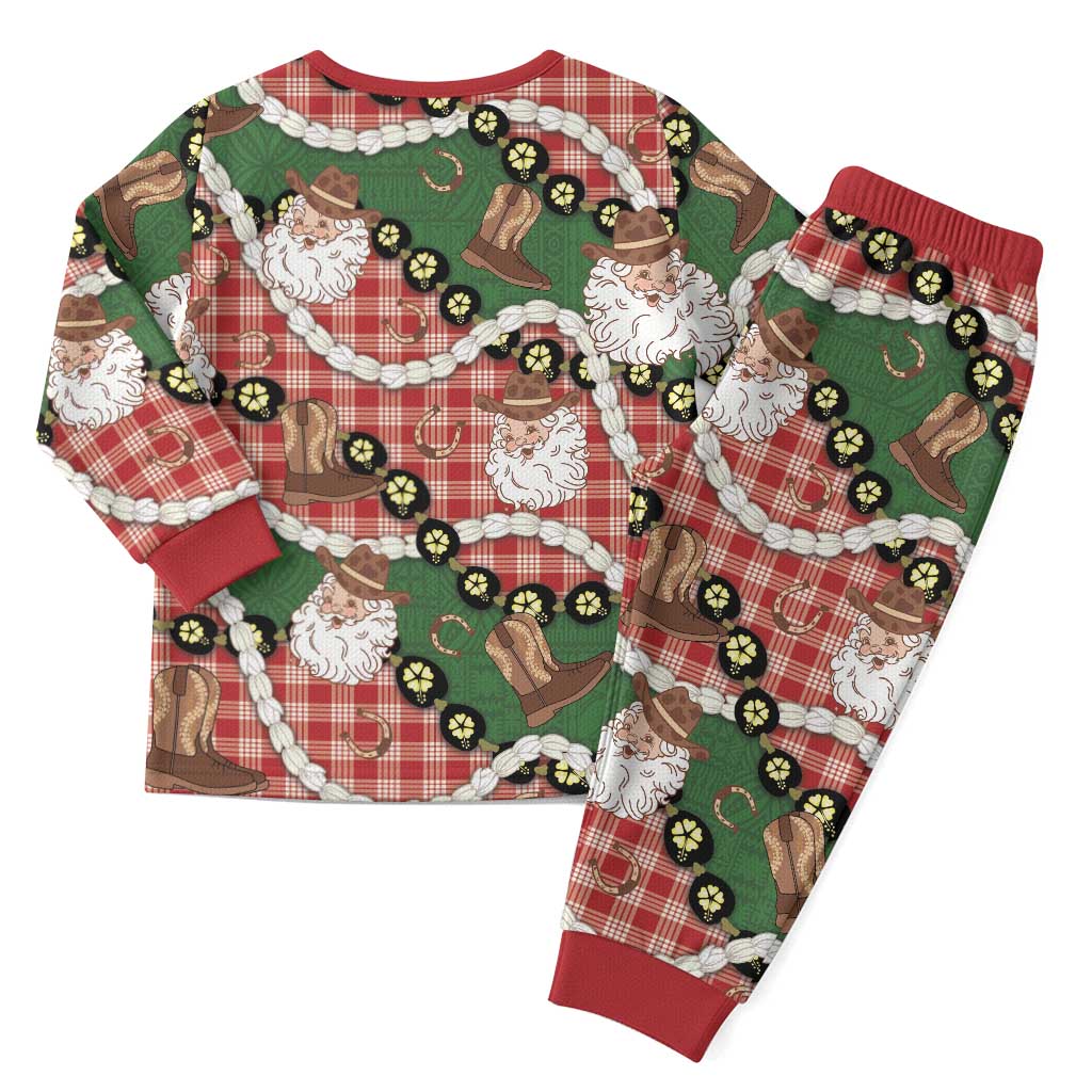 Cowboy Hawaii Mele Kalikimaka Christmas Pajama Set Paniolo Kukui Nut Pikake Lei Red Version - Polynesian Pride