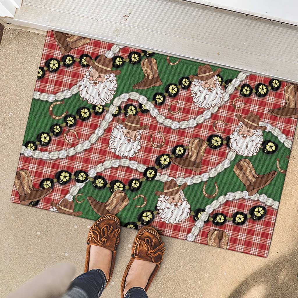 Cowboy Hawaii Mele Kalikimaka Rubber Doormat Paniolo Kukui Nut Pikake Lei Red Version - Polynesian Pride