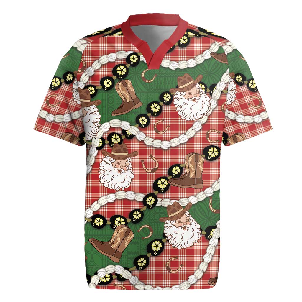Cowboy Hawaii Mele Kalikimaka Rugby Jersey Paniolo Kukui Nut Pikake Lei Red Version - Polynesian Pride