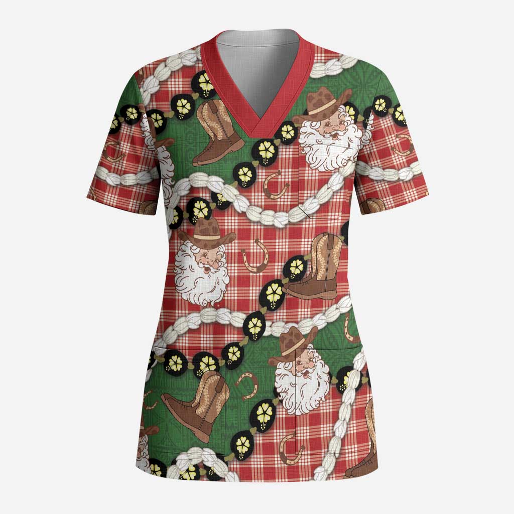Cowboy Hawaii Mele Kalikimaka Scrub Top Paniolo Kukui Nut Pikake Lei Red Version - Polynesian Pride