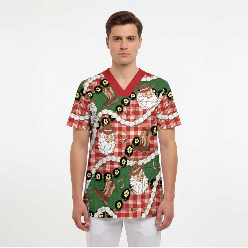 Cowboy Hawaii Mele Kalikimaka Scrub Top Paniolo Kukui Nut Pikake Lei Red Version - Polynesian Pride
