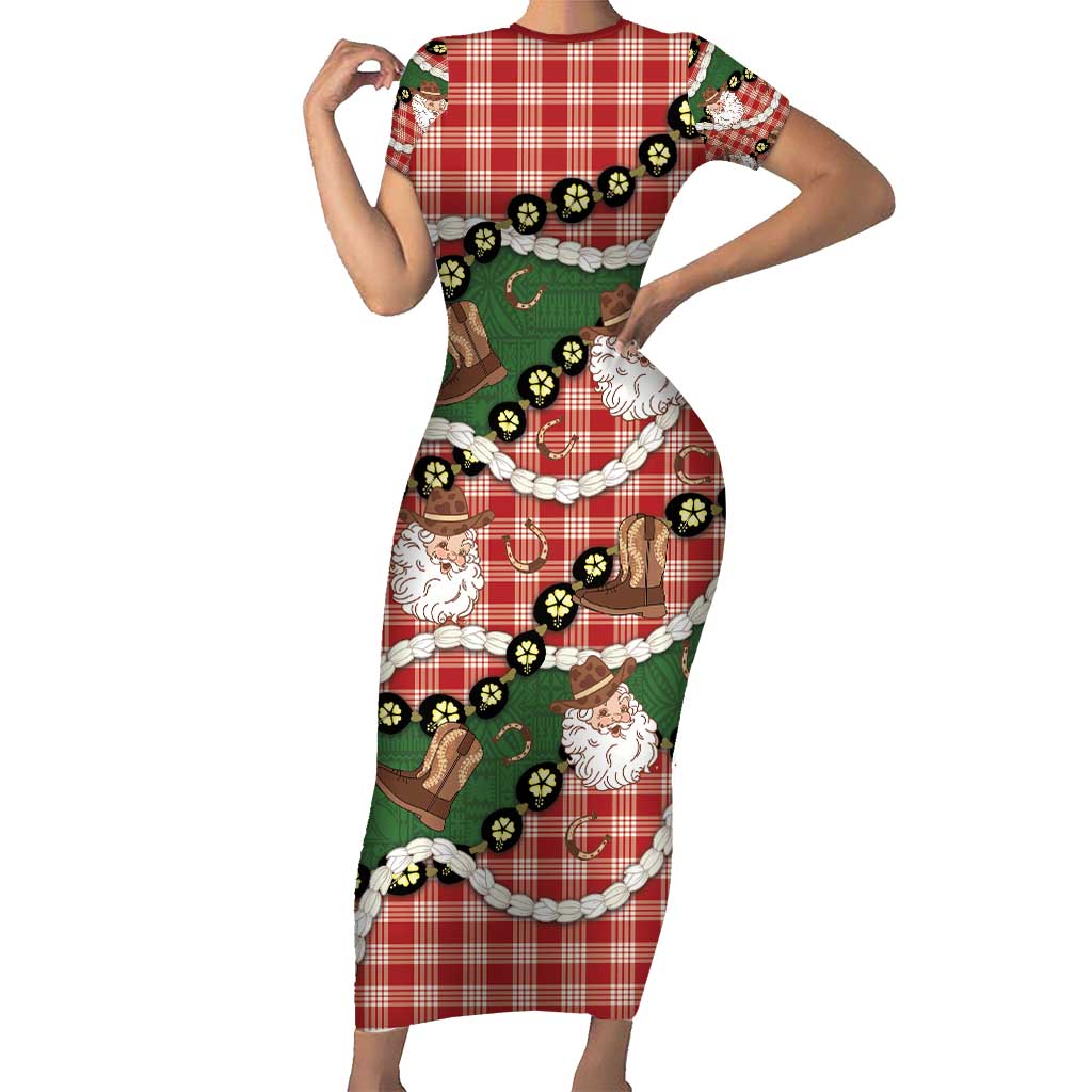 Cowboy Hawaii Mele Kalikimaka Short Sleeve Bodycon Dress Paniolo Kukui Nut Pikake Lei Red Version - Polynesian Pride