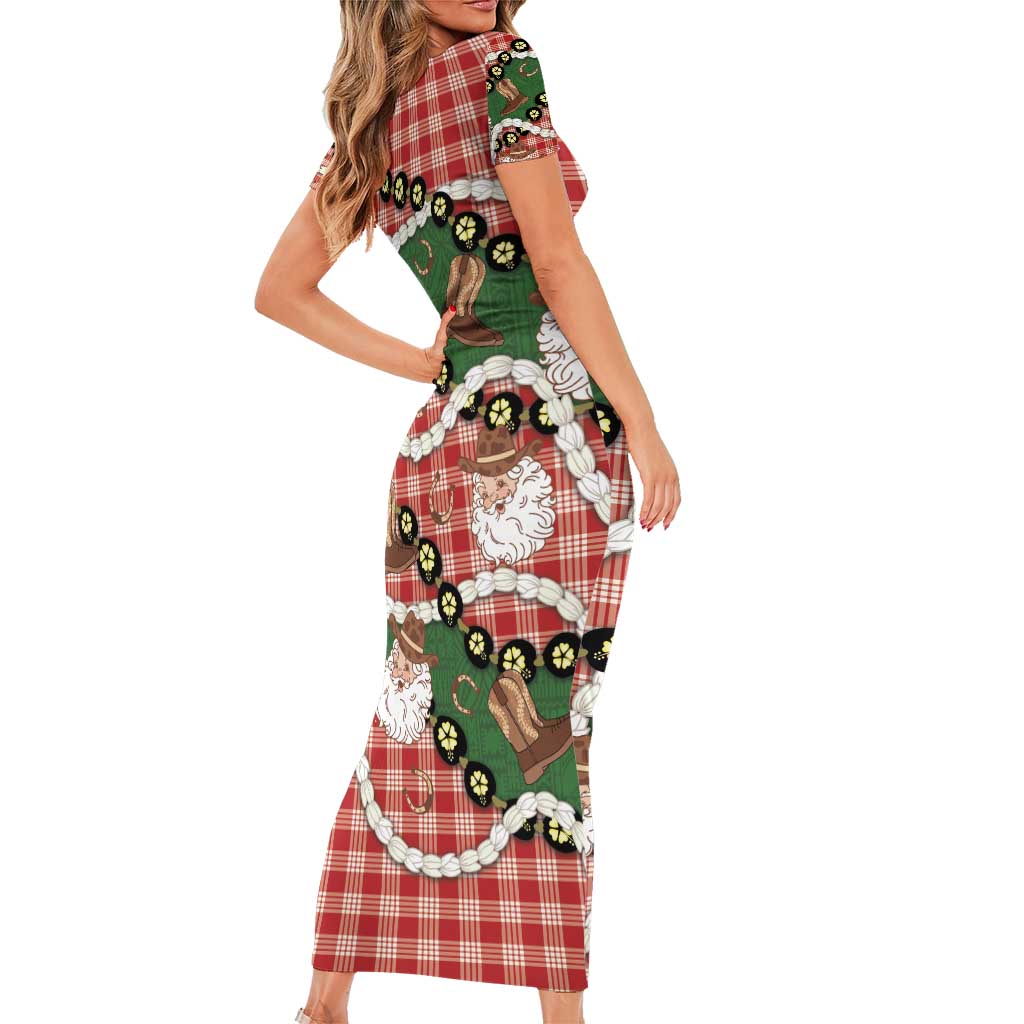 Cowboy Hawaii Mele Kalikimaka Short Sleeve Bodycon Dress Paniolo Kukui Nut Pikake Lei Red Version - Polynesian Pride