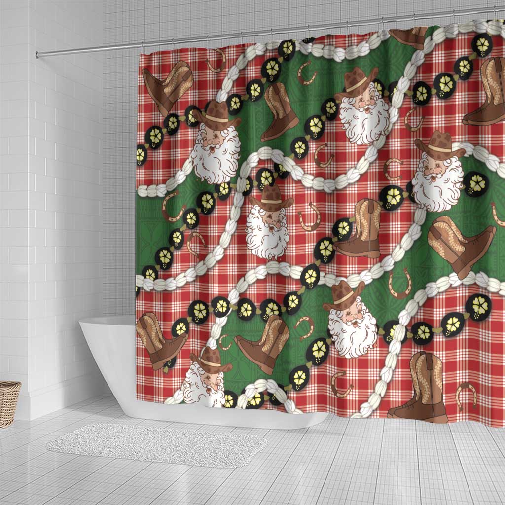 Cowboy Hawaii Mele Kalikimaka Shower Curtain Paniolo Kukui Nut Pikake Lei Red Version - Polynesian Pride