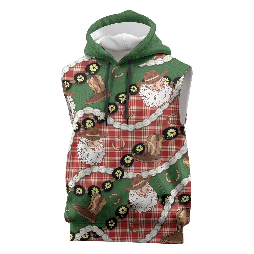 Cowboy Hawaii Mele Kalikimaka Sleeveless Hoodie Paniolo Kukui Nut Pikake Lei Red Version - Polynesian Pride