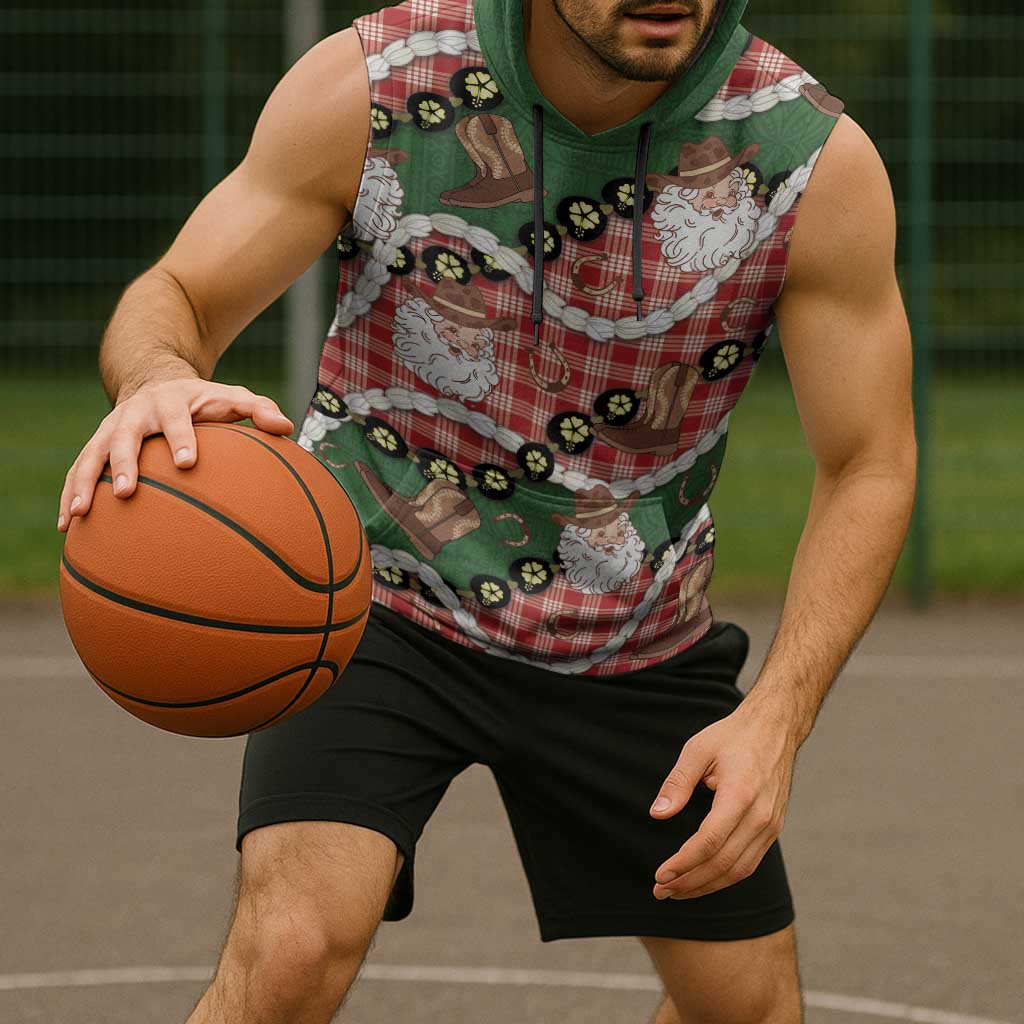 Cowboy Hawaii Mele Kalikimaka Sleeveless Hoodie Paniolo Kukui Nut Pikake Lei Red Version - Polynesian Pride