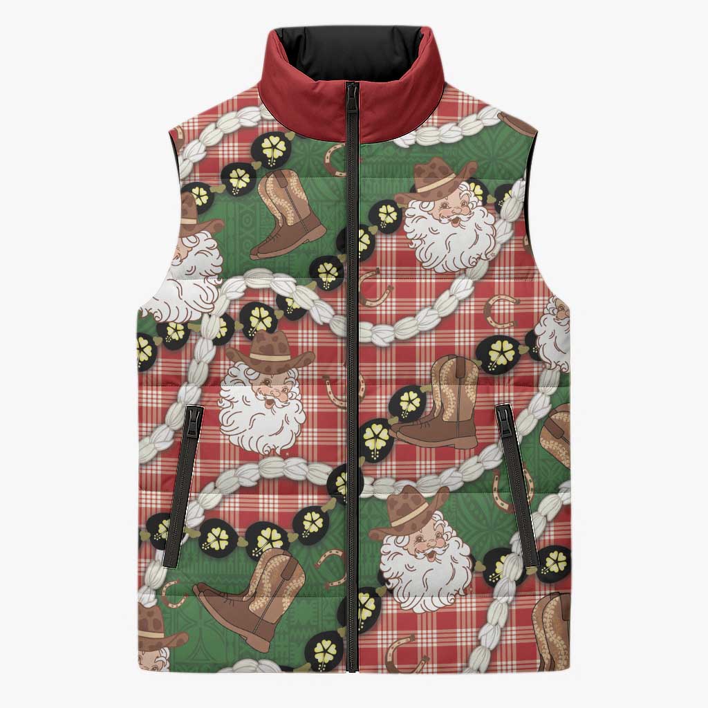 Cowboy Hawaii Mele Kalikimaka Sleeveless Puffer Jacket Paniolo Kukui Nut Pikake Lei Red Version - Polynesian Pride