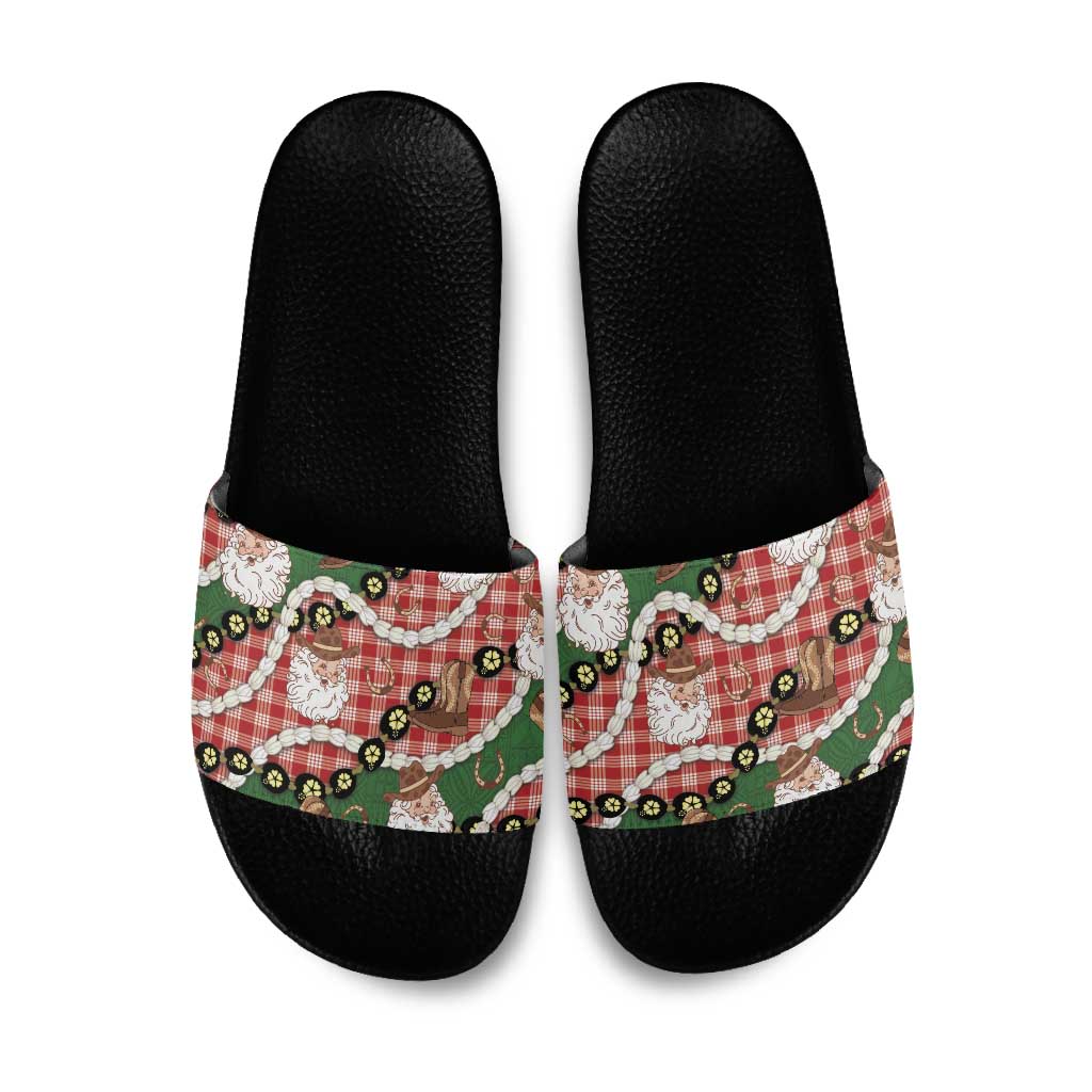 Cowboy Hawaii Mele Kalikimaka Slide Sandals Paniolo Kukui Nut Pikake Lei Red Version - Polynesian Pride