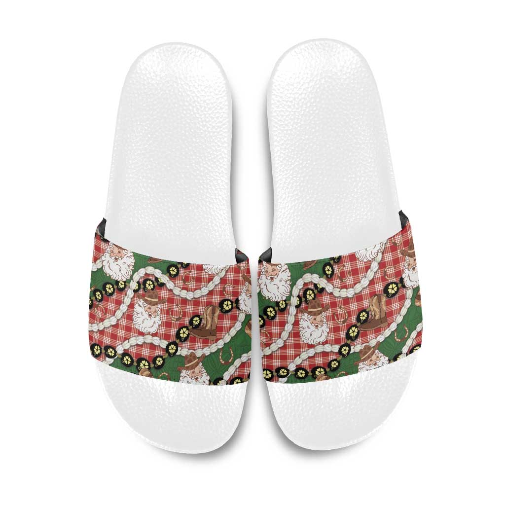 Cowboy Hawaii Mele Kalikimaka Slide Sandals Paniolo Kukui Nut Pikake Lei Red Version - Polynesian Pride