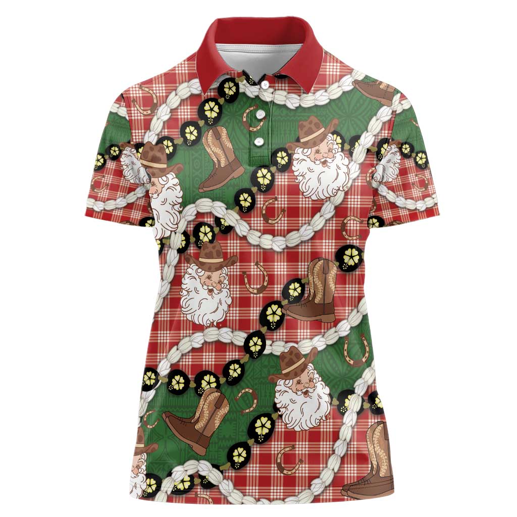 Cowboy Hawaii Mele Kalikimaka Women Polo Shirt Paniolo Kukui Nut Pikake Lei Red Version - Polynesian Pride