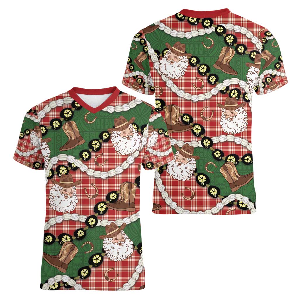 Cowboy Hawaii Mele Kalikimaka Women V-Neck T-Shirt Paniolo Kukui Nut Pikake Lei Red Version - Polynesian Pride