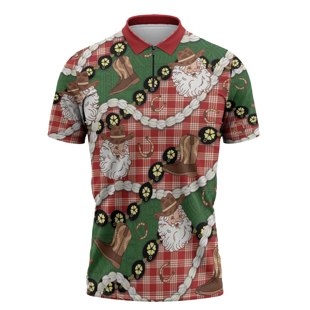 Cowboy Hawaii Mele Kalikimaka Zipper Polo Shirt Paniolo Kukui Nut Pikake Lei Red Version - Polynesian Pride