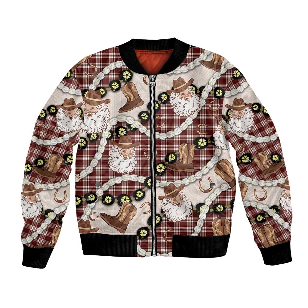 Cowboy Hawaii Mele Kalikimaka Bomber Jacket Paniolo Kukui Nut Pikake Lei Burgundy Version - Polynesian Pride