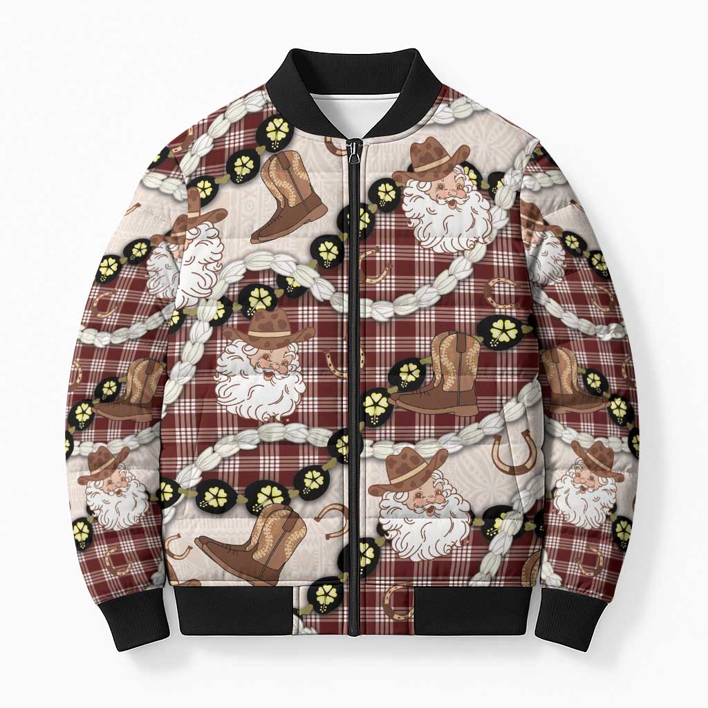 Cowboy Hawaii Mele Kalikimaka Bomber Puffer Jacket Paniolo Kukui Nut Pikake Lei Burgundy Version - Polynesian Pride