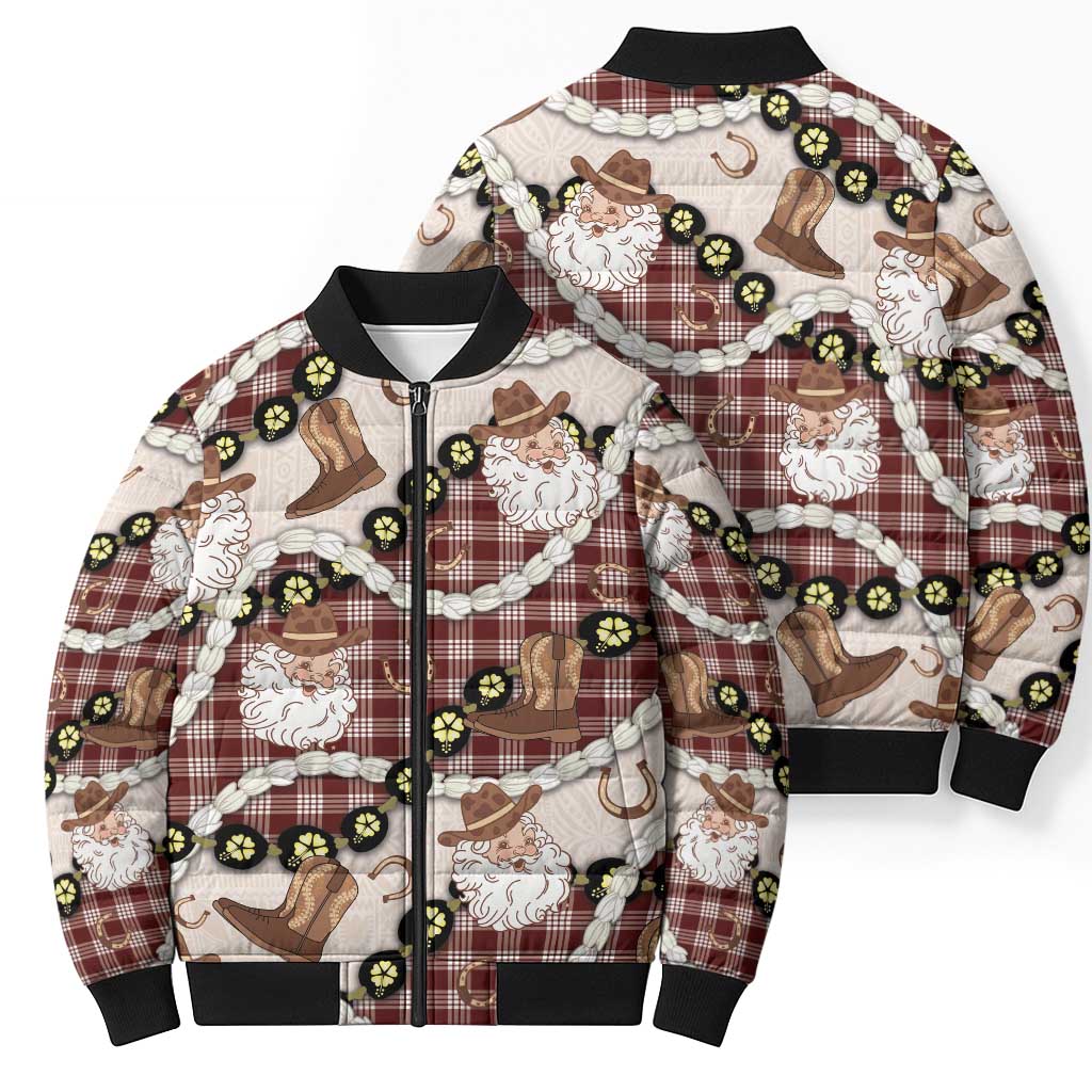 Cowboy Hawaii Mele Kalikimaka Bomber Puffer Jacket Paniolo Kukui Nut Pikake Lei Burgundy Version - Polynesian Pride