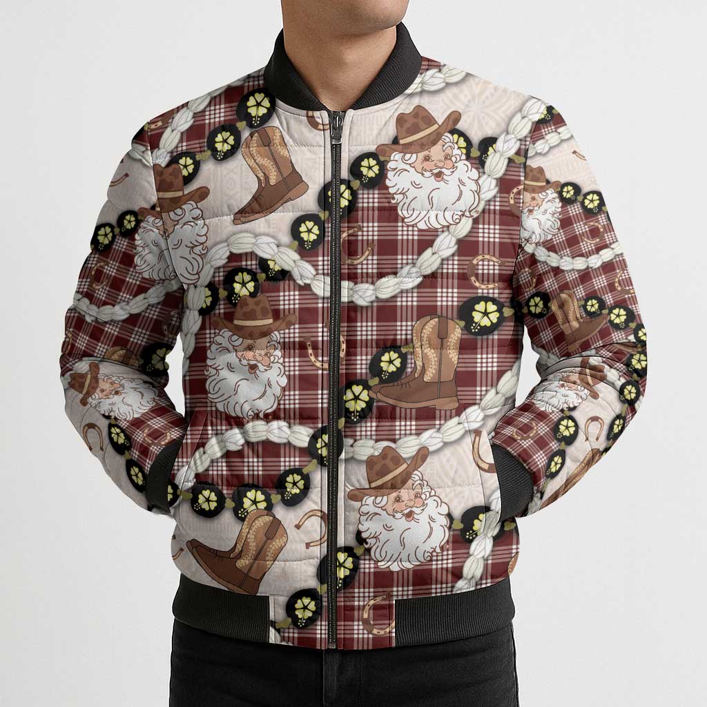 Cowboy Hawaii Mele Kalikimaka Bomber Puffer Jacket Paniolo Kukui Nut Pikake Lei Burgundy Version - Polynesian Pride