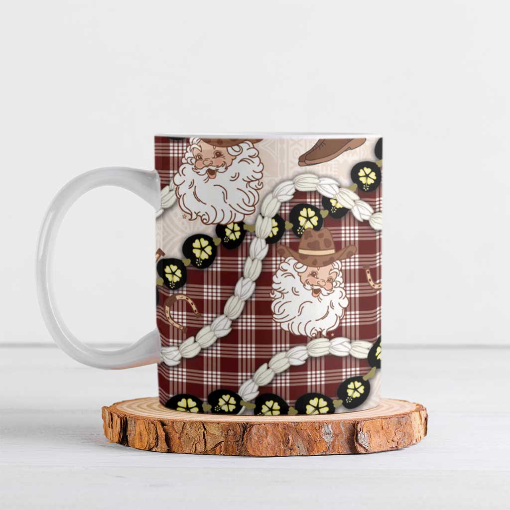 Cowboy Hawaii Mele Kalikimaka Ceramic Mug Paniolo Kukui Nut Pikake Lei Burgundy Version - Polynesian Pride