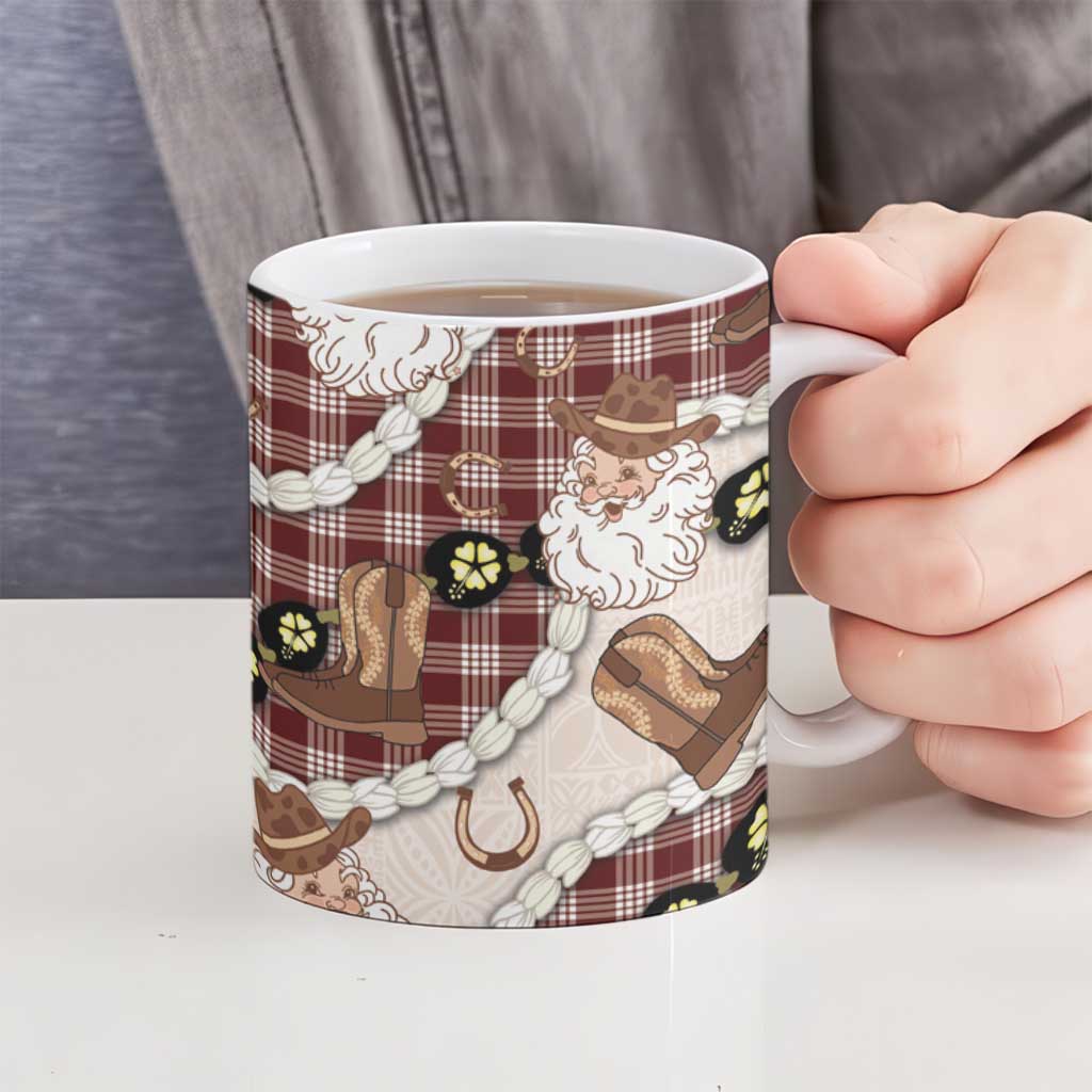 Cowboy Hawaii Mele Kalikimaka Ceramic Mug Paniolo Kukui Nut Pikake Lei Burgundy Version - Polynesian Pride