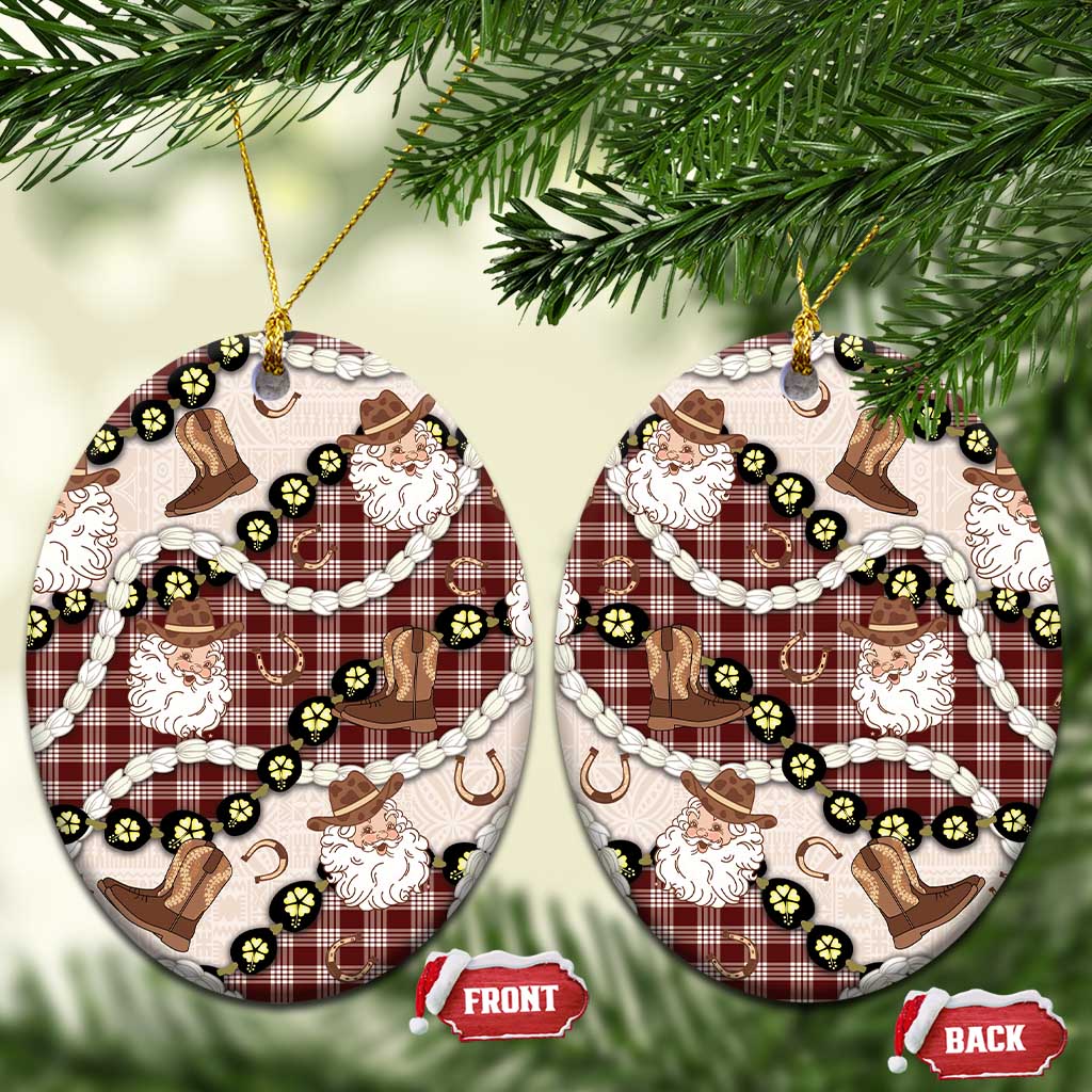 Cowboy Hawaii Mele Kalikimaka Ceramic Ornament Paniolo Kukui Nut Pikake Lei Burgundy Version - Polynesian Pride